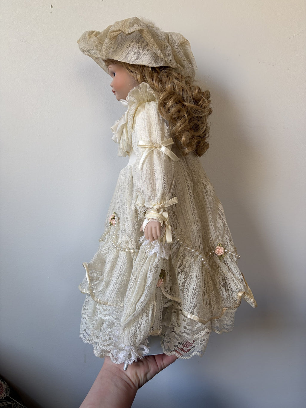 Vintage Porcelain Doll in Ivory Lace Dress with Blonde Curls