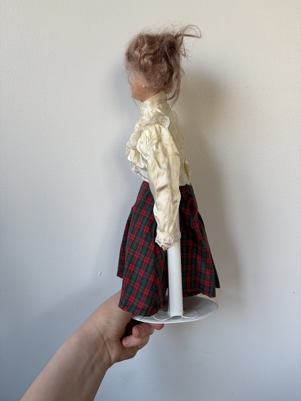 Vintage Porcelain Lady Doll — Cream Satin Blouse & Red Tartan Skirt