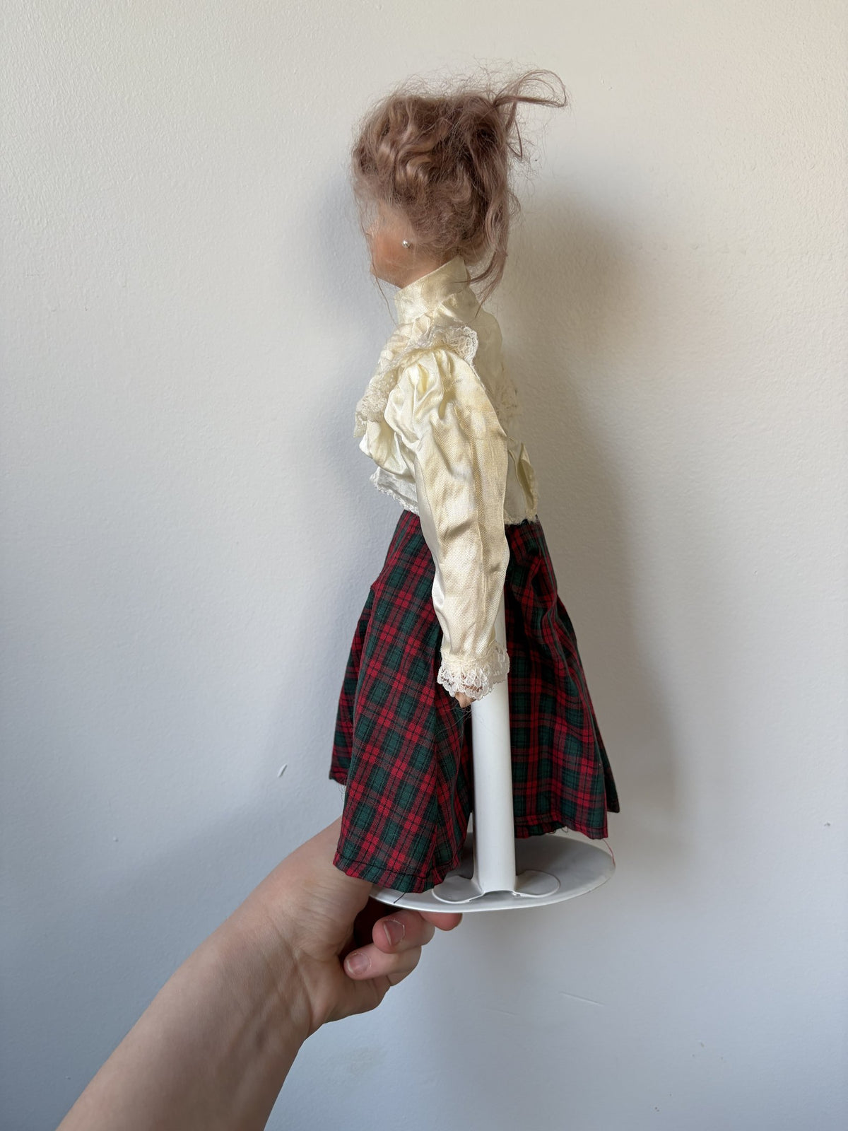 Vintage Porcelain Lady Doll — Cream Satin Blouse & Red Tartan Skirt