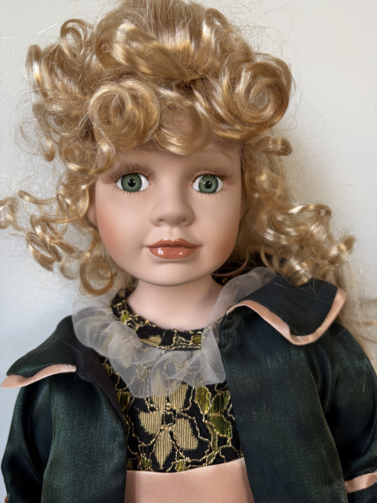 Lumi’n Art Porcelain Doll – Blonde Curls, Green Dress, 16 Inches