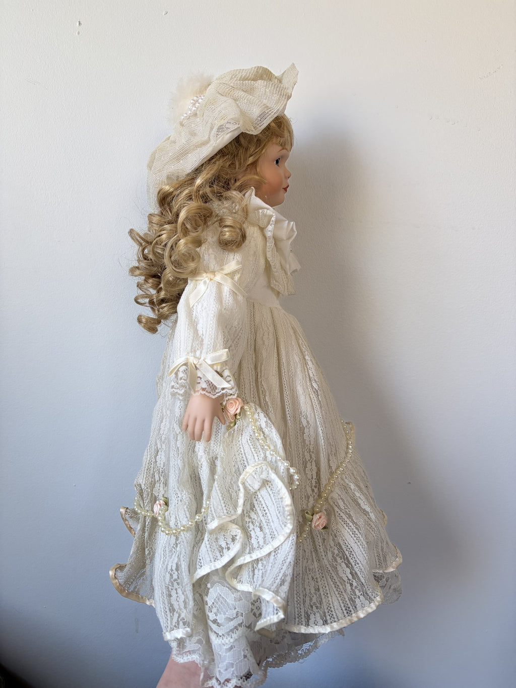 Vintage Porcelain Doll in Ivory Lace Dress with Blonde Curls