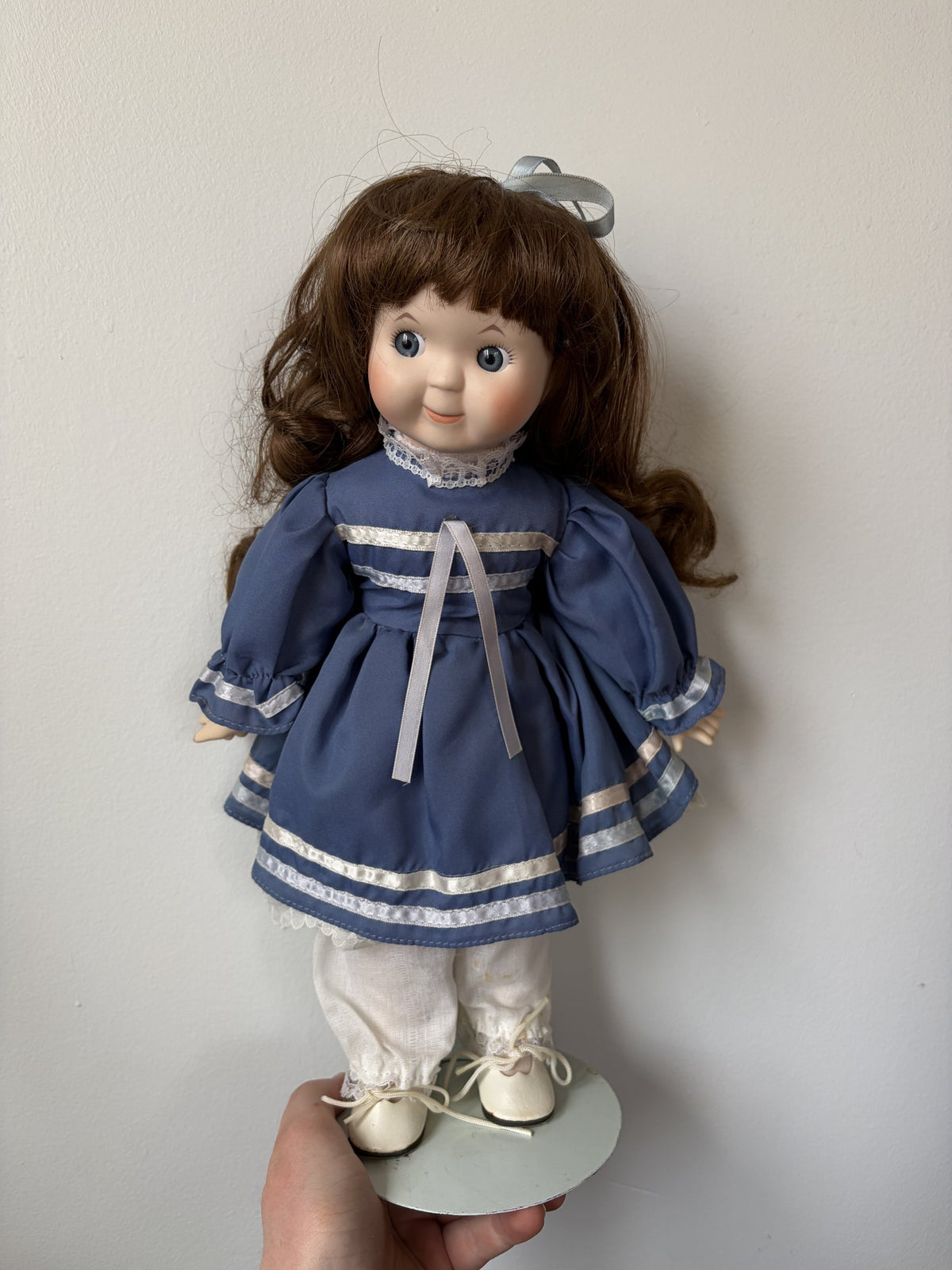 Porcelain Doll Brown Hair Blue Dress 16” with Stand