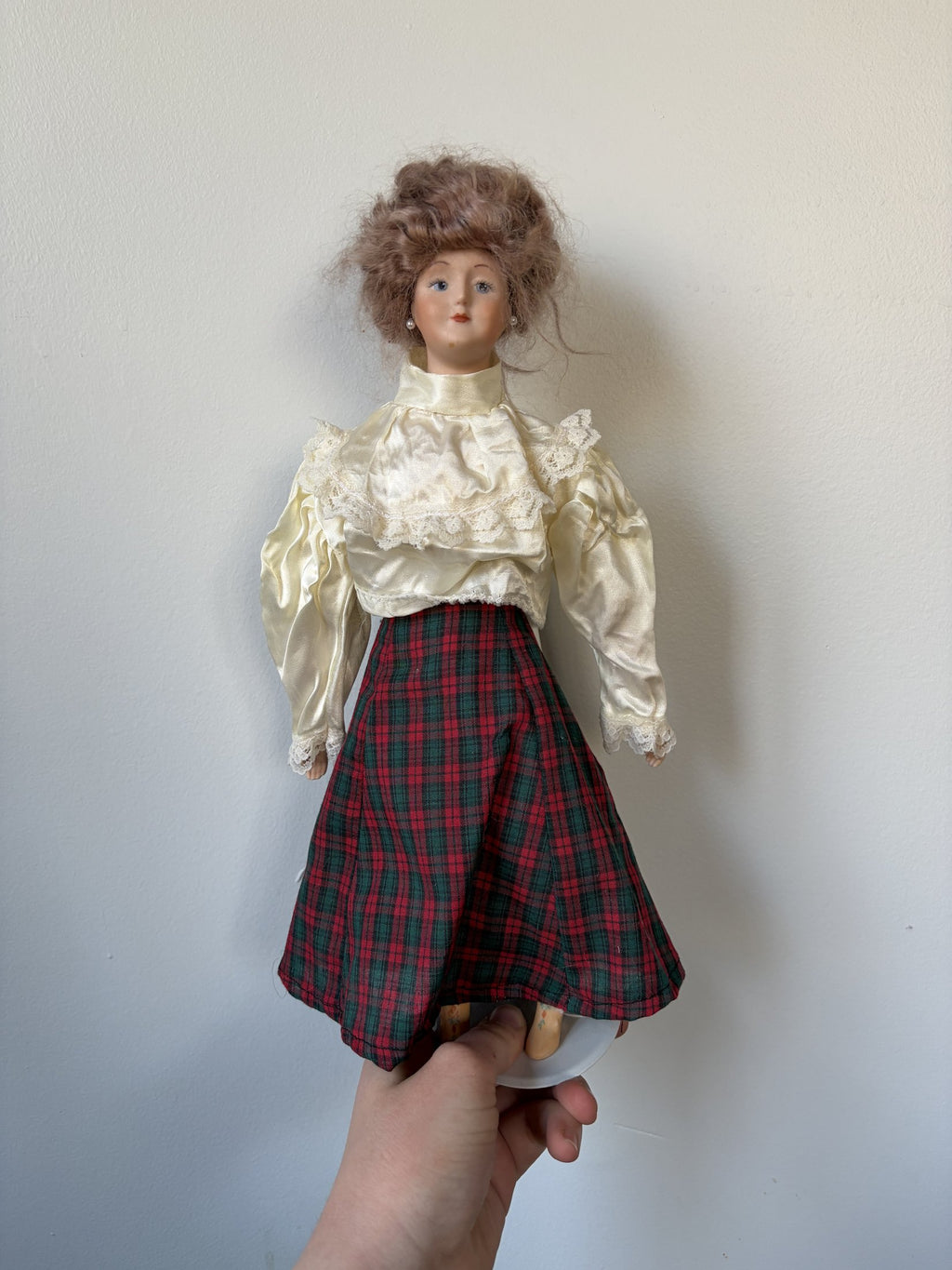 Vintage Porcelain Lady Doll — Cream Satin Blouse & Red Tartan Skirt