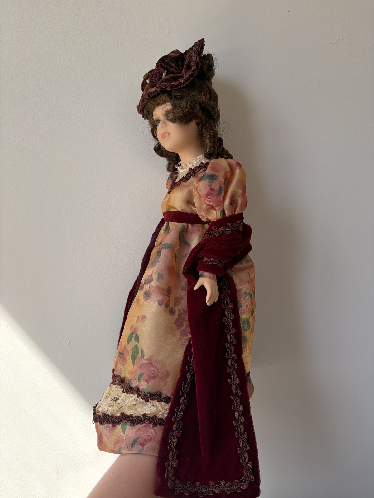 Victorian Style Porcelain Doll 18″ Floral Dress with Hat